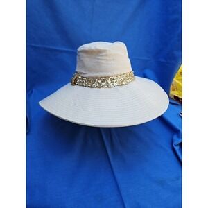 Wide Brim Sun Hat‎ Linen Gold Sequin Band Beach Packable BADGLEY MISCHKA